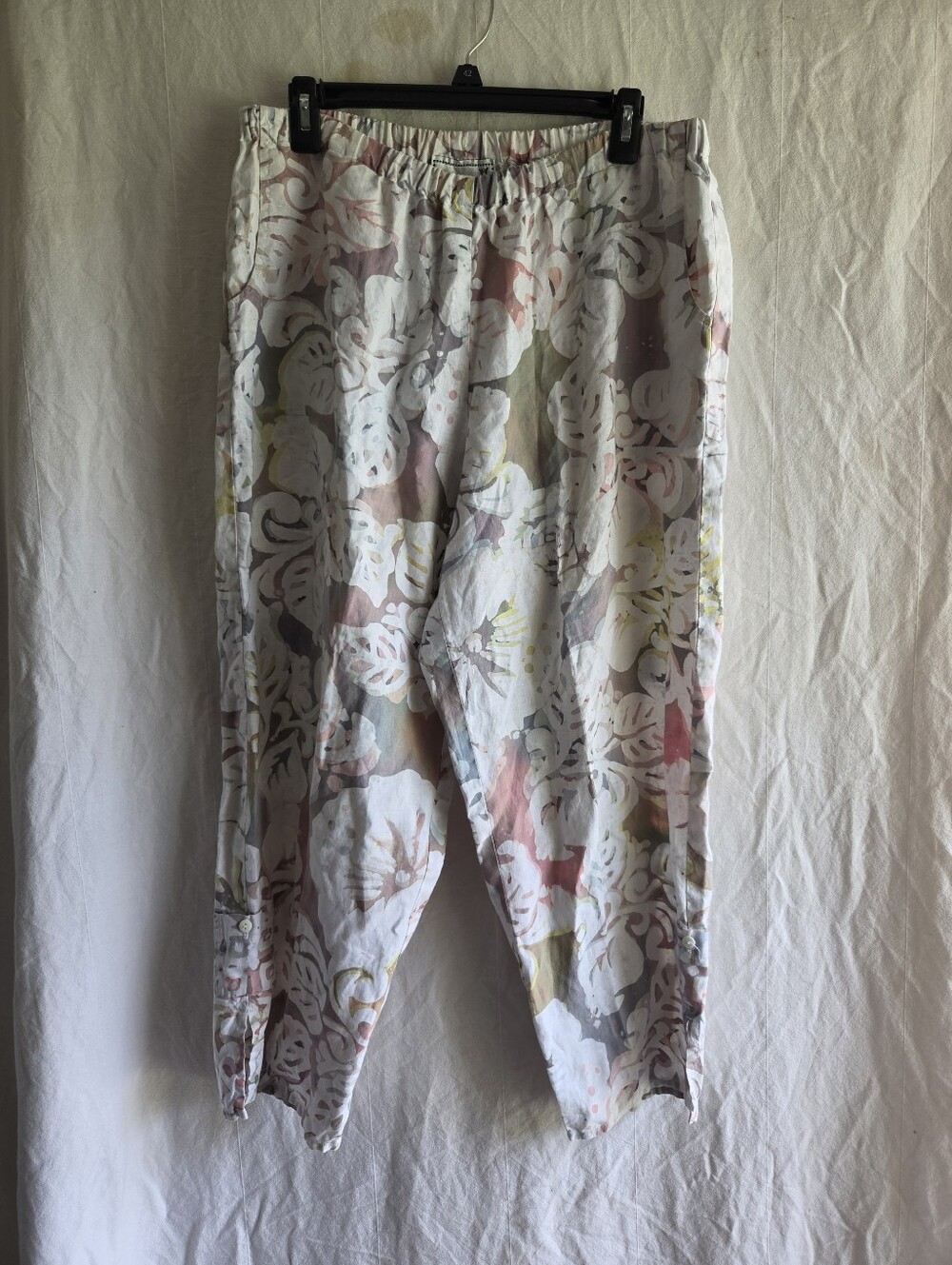 Winter Sun Linen Wideleg Pants Women L Boho Hippie Botanical Print Elastic Waist